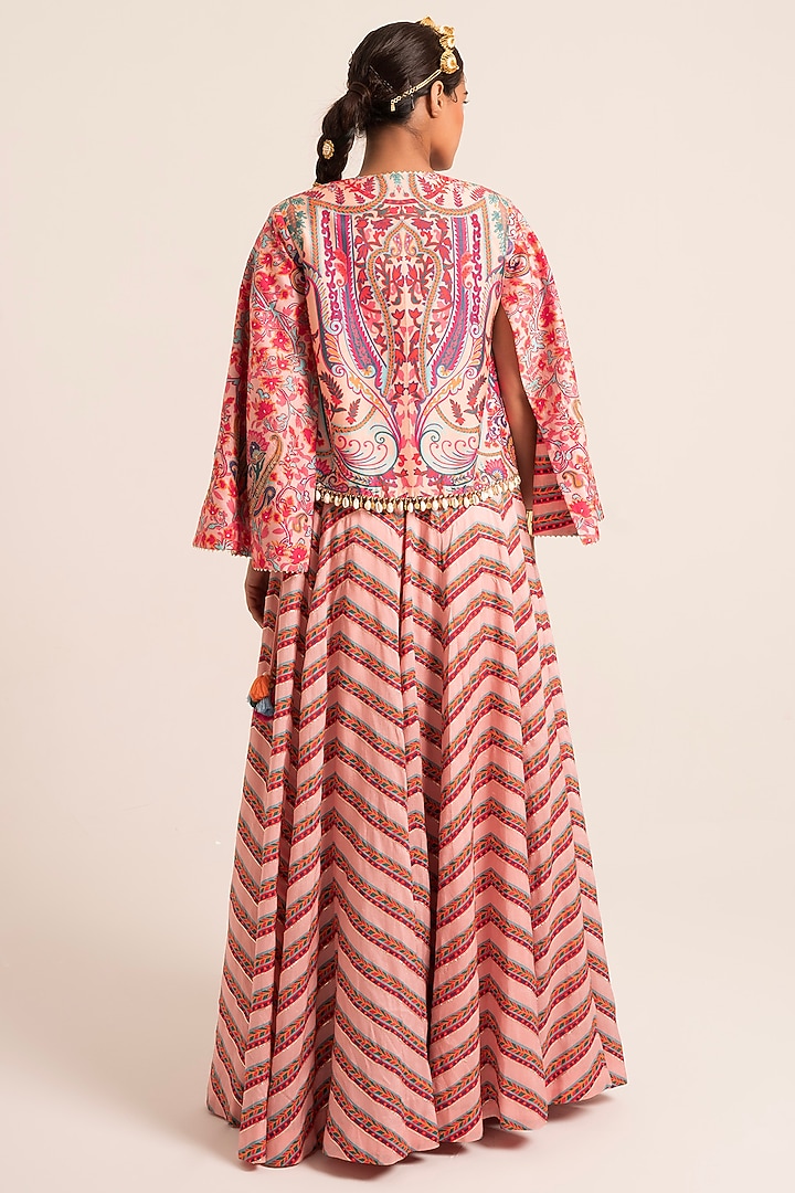 Multi-Colored Dola Silk Printed & Embroidered Jacket Wedding Lehenga Set by Ruhr India at Pernia's Pop Up Shop