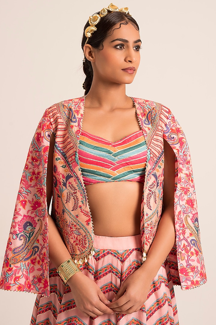 Multi-Colored Dola Silk Printed & Embroidered Jacket Wedding Lehenga Set by Ruhr India at Pernia's Pop Up Shop