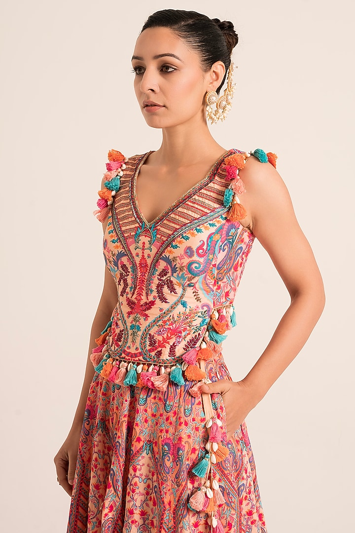 Multi-Colored Dola Silk Printed & Embroidered Wedding Sharara Set by Ruhr India at Pernia's Pop Up Shop