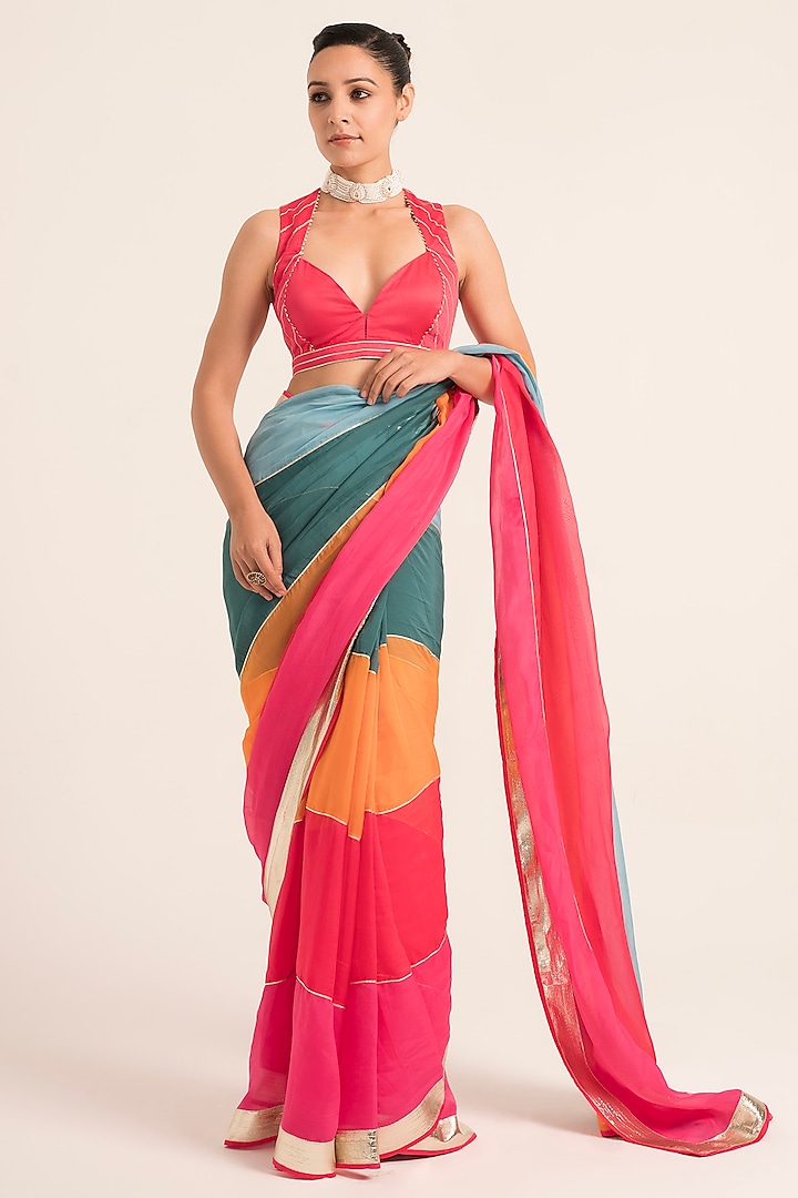 Multi-Colored Satin & Organza Gota Embroidered Saree Set by Ruhr India at Pernia's Pop Up Shop