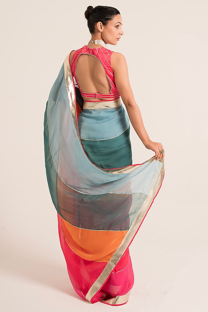 Multi-Colored Satin & Organza Gota Embroidered Party Wear Saree Set by Ruhr India at Pernia's Pop Up Shop