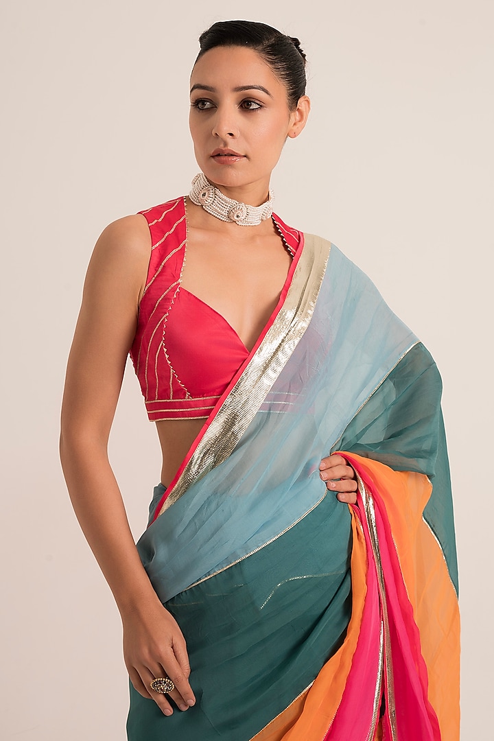 Multi-Colored Satin & Organza Gota Embroidered Party Wear Saree Set by Ruhr India at Pernia's Pop Up Shop