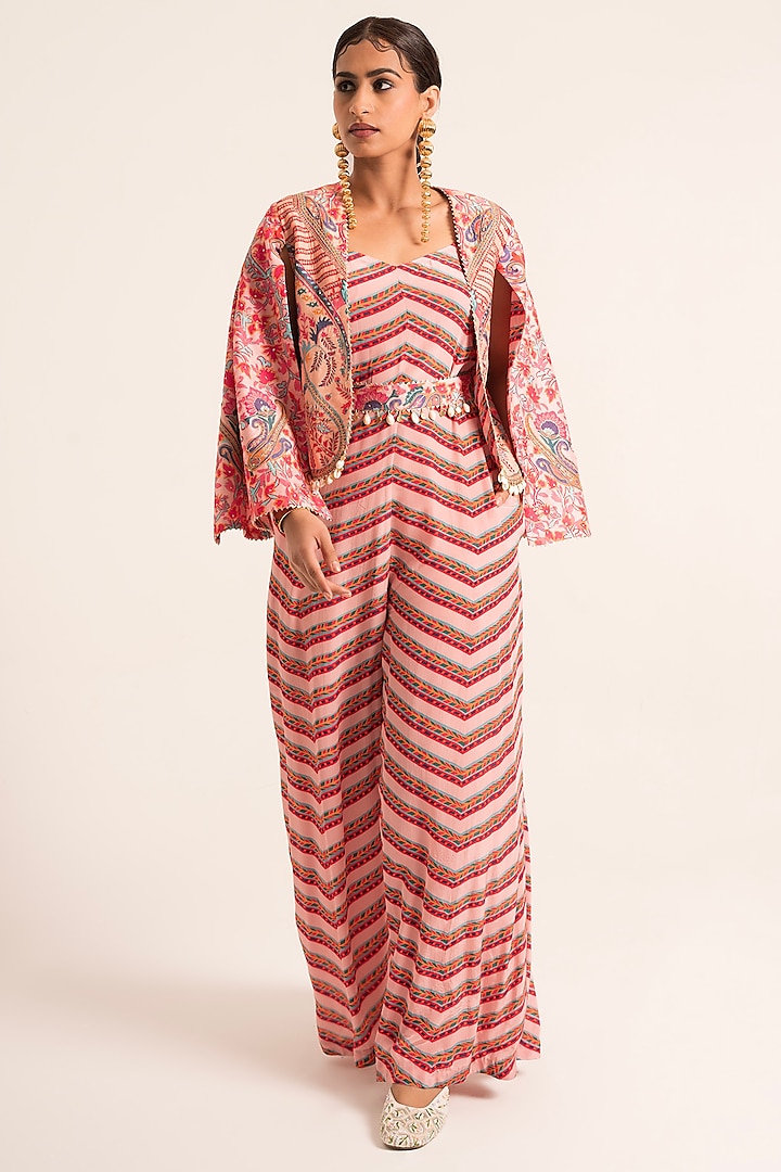 Multi-Colored Crepe & Dola Silk Striped Printed Jumpsuit With Jacket by Ruhr India