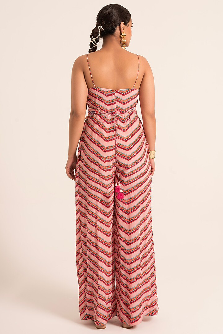 Multi-Colored Crepe & Dola Silk Striped Printed Jumpsuit With Jacket by Ruhr India at Pernia's Pop Up Shop