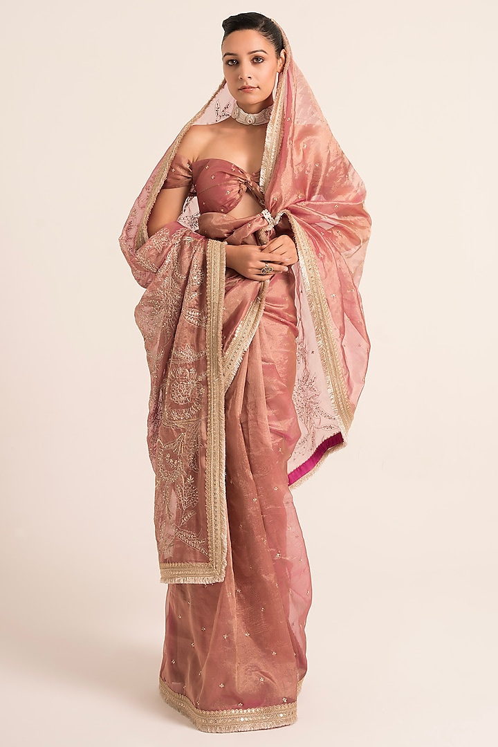 Magenta Tissue Hand Embroidered Saree Set by Ruhr India at Pernia's Pop Up Shop