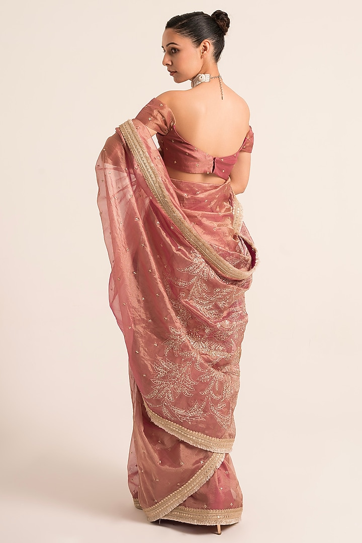 Magenta Tissue Hand Embroidered Wedding Saree Set by Ruhr India at Pernia's Pop Up Shop