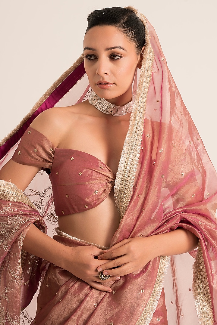 Magenta Tissue Hand Embroidered Wedding Saree Set by Ruhr India at Pernia's Pop Up Shop