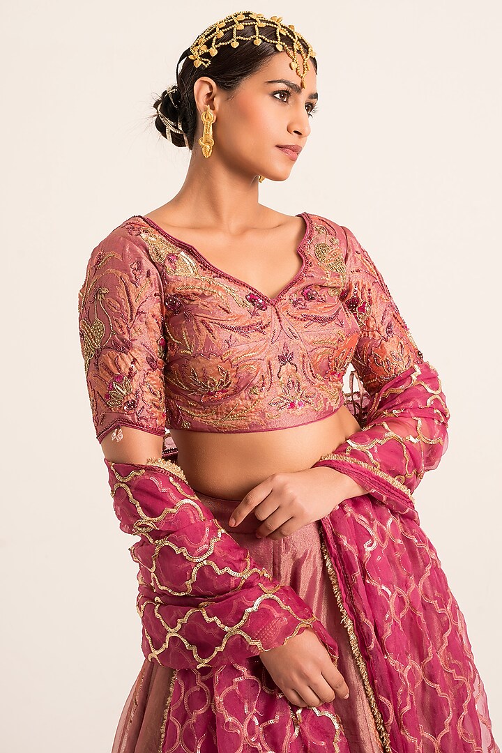 Magenta Tissue Sequins Embroidered Bridal Lehenga Set by Ruhr India at Pernia's Pop Up Shop