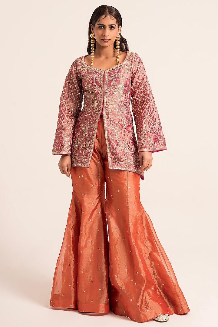 Orange Tissue Sequins Embroidered Sharara Set by Ruhr India