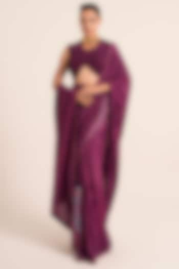 Ink Purple Crepe Paisley Printed Pre-Draped Saree Set by Ruhr India at Pernia's Pop Up Shop