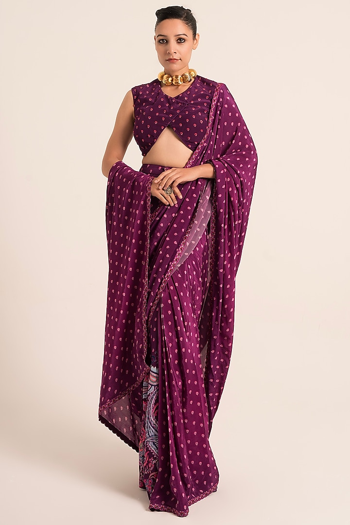 Ink Purple Crepe Paisley Printed Pre-Draped Saree Set by Ruhr India at Pernia's Pop Up Shop