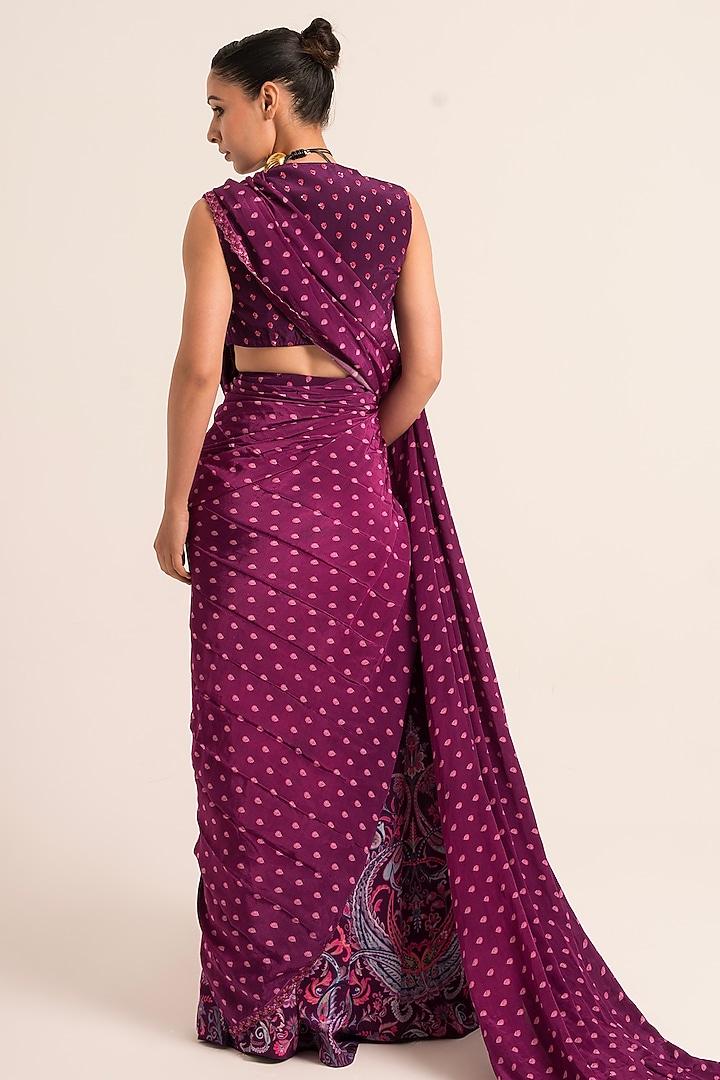 Ink Purple Crepe Paisley Printed Pre-Draped Wedding Saree Set by Ruhr India at Pernia's Pop Up Shop