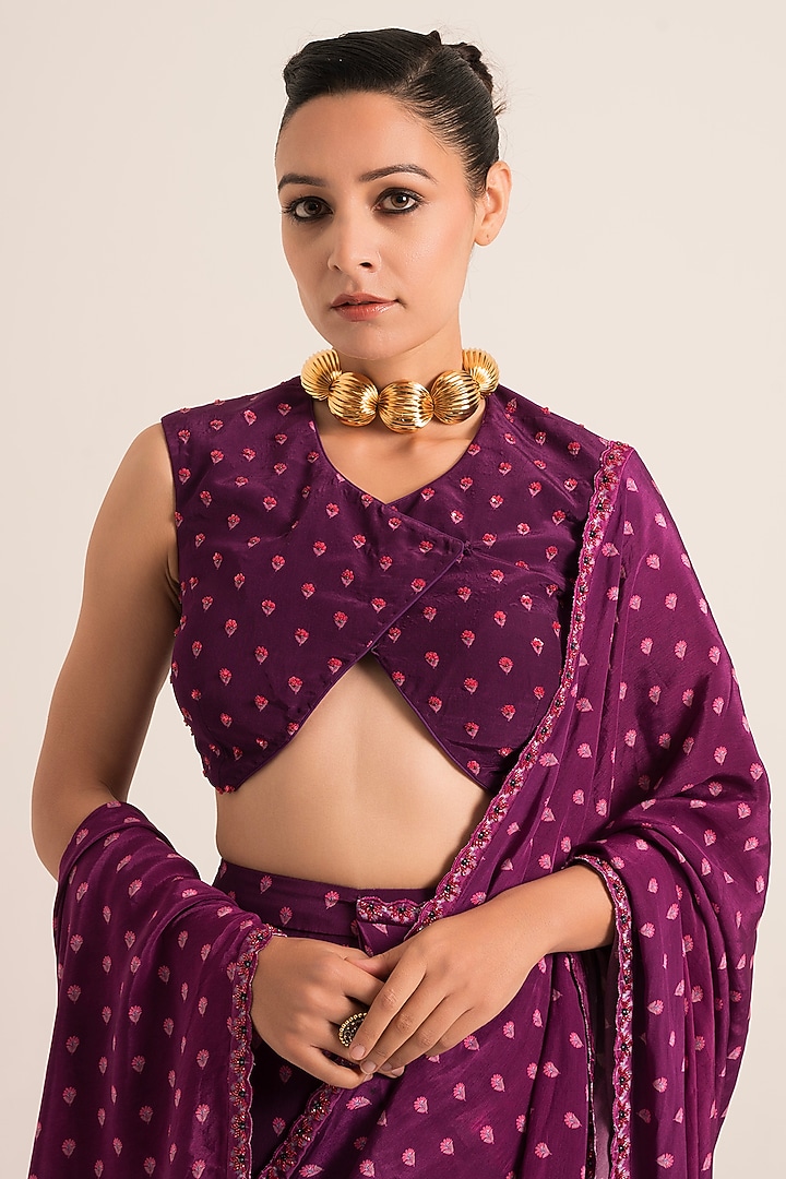 Ink Purple Crepe Paisley Printed Pre-Draped Wedding Saree Set by Ruhr India at Pernia's Pop Up Shop