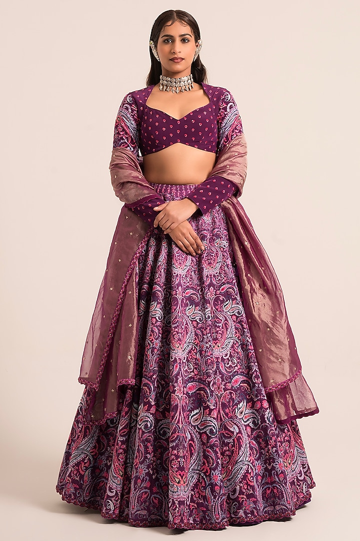 Ink Purple Dola Silk Sequins Embroidered & Printed Wedding Lehenga Set by Ruhr India at Pernia's Pop Up Shop