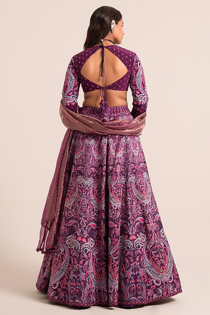 Ink Purple Dola Silk Sequins Embroidered & Printed Wedding Lehenga Set by Ruhr India at Pernia's Pop Up Shop