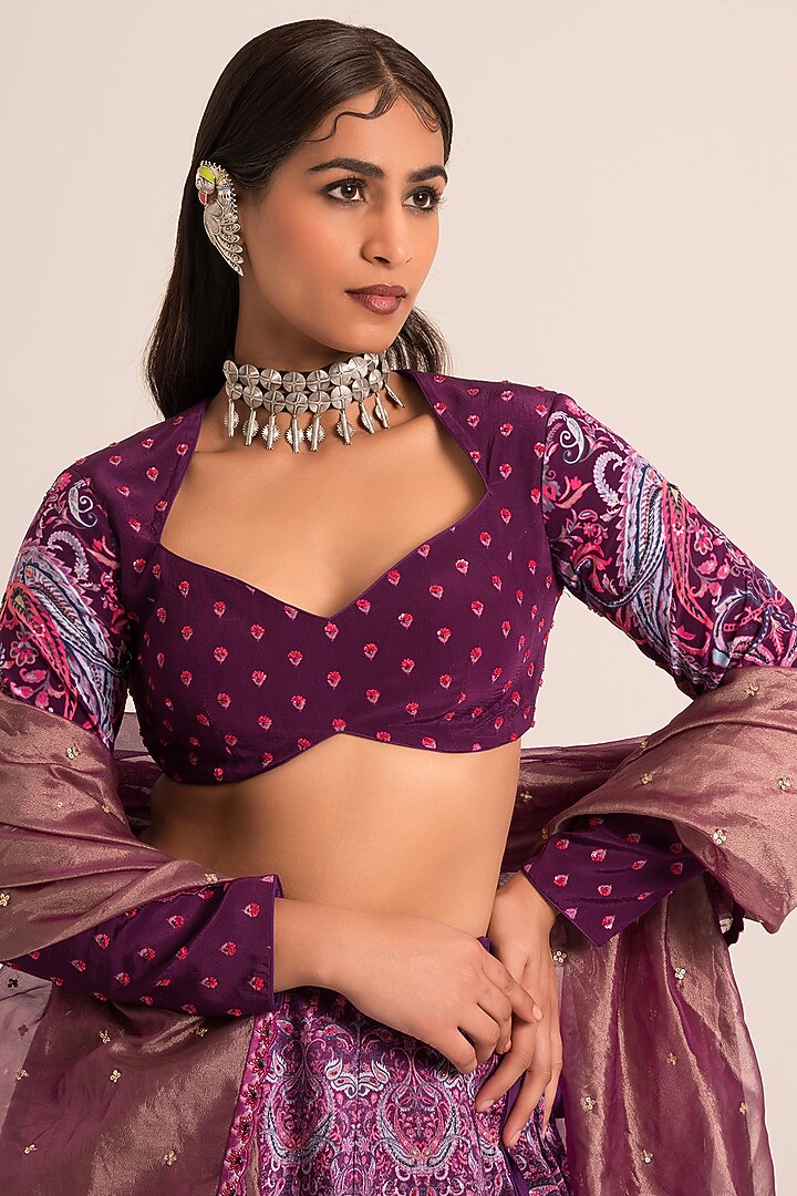 Ink Purple Dola Silk Sequins Embroidered & Printed Wedding Lehenga Set by Ruhr India at Pernia's Pop Up Shop
