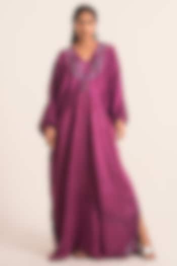 Ink Purple Satin Linen Embroidered & Paisley Printed Kaftan by Ruhr India