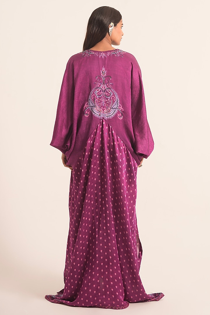 Ink Purple Satin Linen Embroidered & Paisley Printed Kaftan by Ruhr India at Pernia's Pop Up Shop