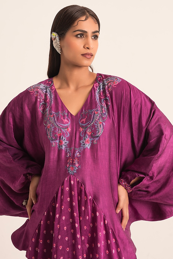 Ink Purple Satin Linen Embroidered & Paisley Printed Kaftan by Ruhr India at Pernia's Pop Up Shop