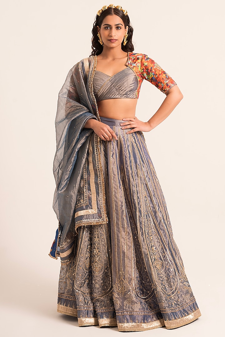 Blue Tissue Hand Embroidered & Printed Lehenga Set by Ruhr India