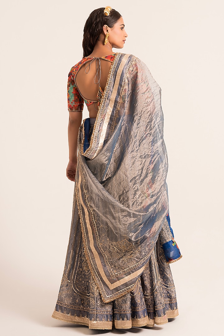 Blue Tissue Hand Embroidered & Printed Bridal Lehenga Set by Ruhr India at Pernia's Pop Up Shop