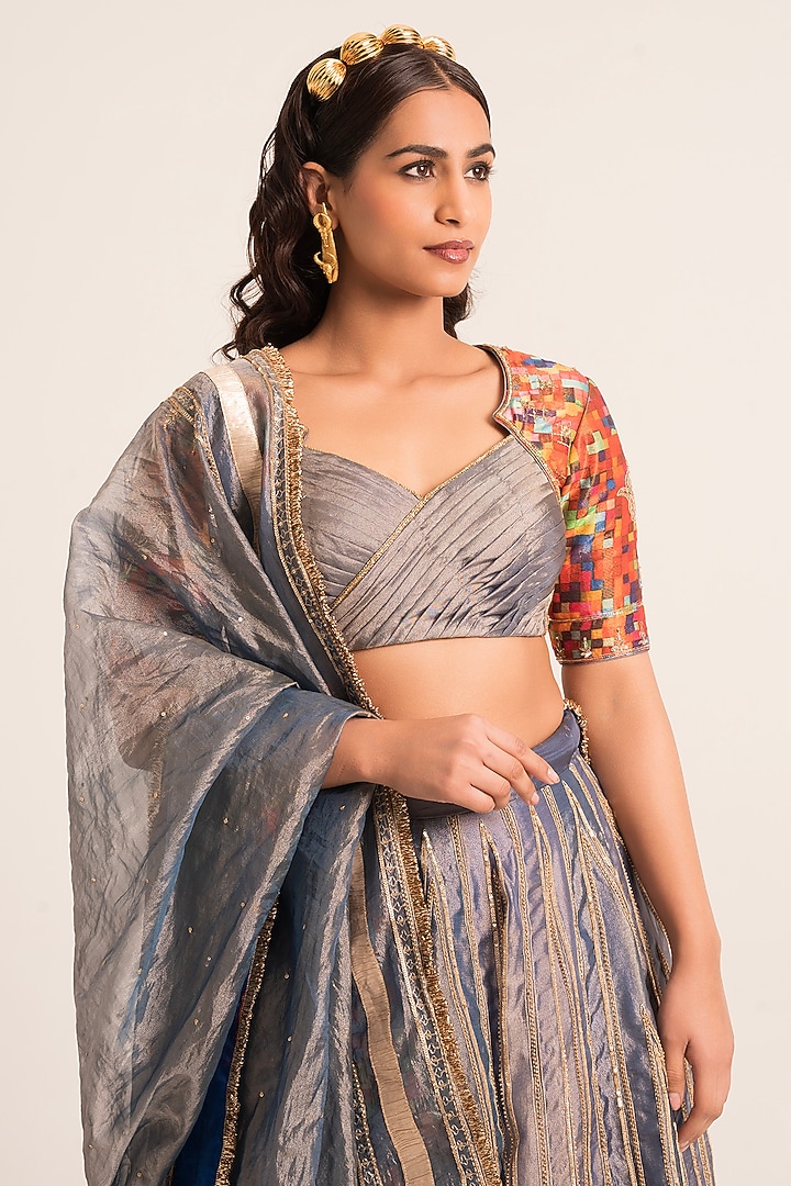 Blue Tissue Hand Embroidered & Printed Bridal Lehenga Set by Ruhr India at Pernia's Pop Up Shop