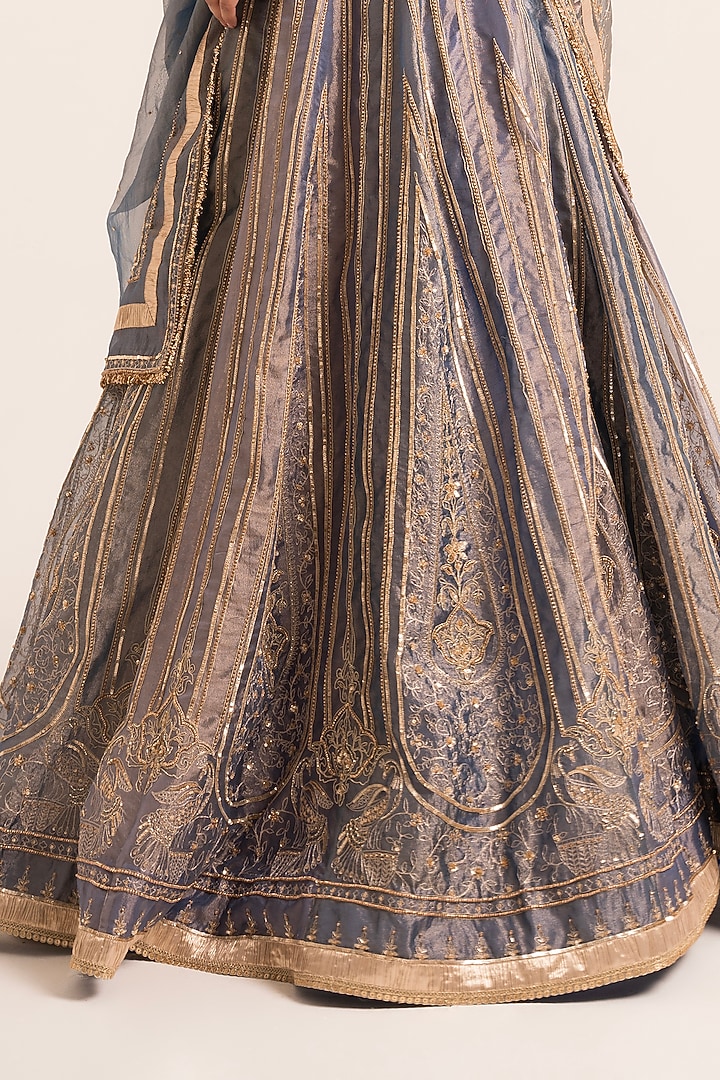 Blue Tissue Hand Embroidered & Printed Bridal Lehenga Set by Ruhr India at Pernia's Pop Up Shop