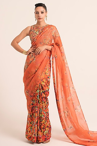 Red Organza & Chanderi Tissue Printed Saree Set by Ruhr India