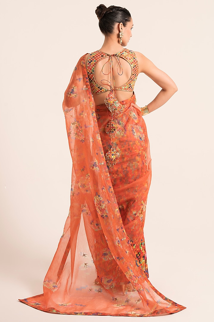 Red Organza & Chanderi Tissue Printed Wedding Saree Set by Ruhr India at Pernia's Pop Up Shop
