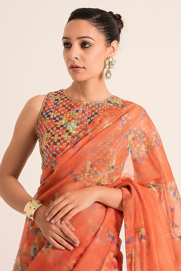 Red Organza & Chanderi Tissue Printed Wedding Saree Set by Ruhr India at Pernia's Pop Up Shop
