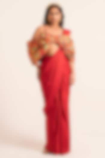 Red Satin Pre-Draped Saree Set by Ruhr India at Pernia's Pop Up Shop