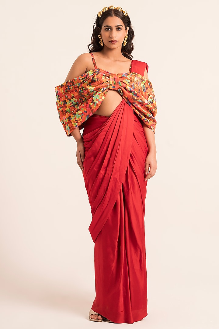 Red Satin Pre-Draped Saree Set by Ruhr India at Pernia's Pop Up Shop