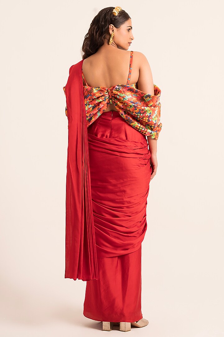 Red Satin Pre-Draped Party Wear Saree Set by Ruhr India at Pernia's Pop Up Shop