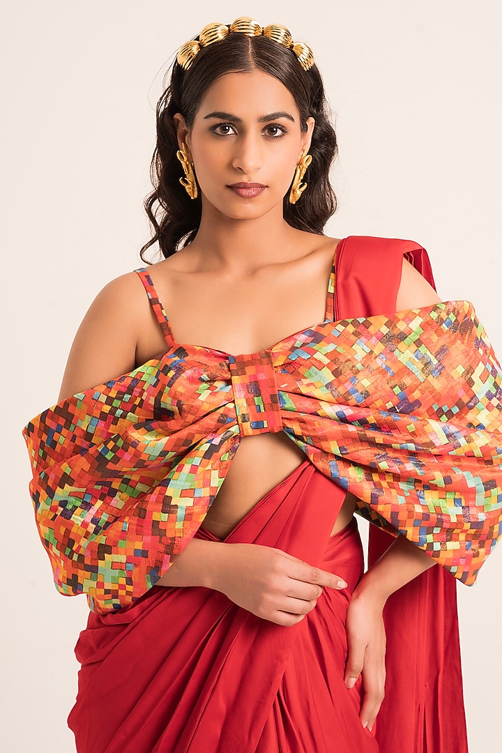 Red Satin Pre-Draped Party Wear Saree Set by Ruhr India at Pernia's Pop Up Shop