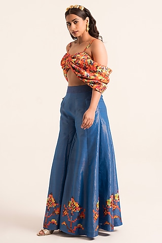 Blue Satin Printed Palazzo Pant Set by Ruhr India