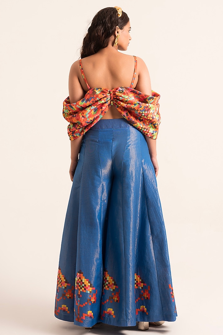 Blue Satin Printed Palazzo Pant Set by Ruhr India at Pernia's Pop Up Shop