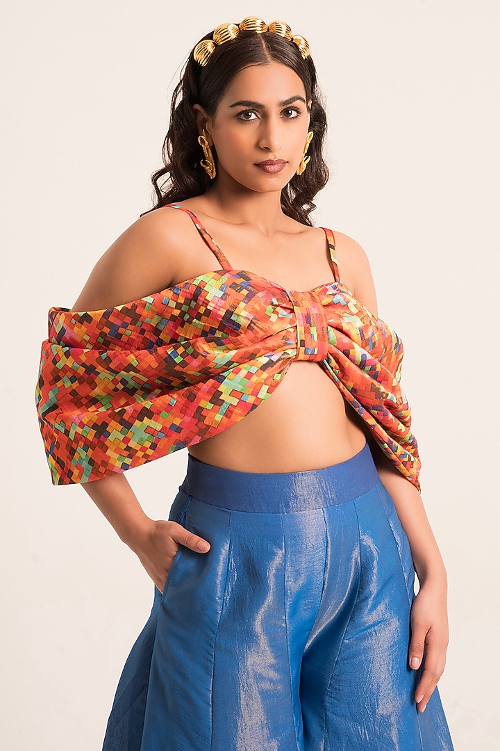Blue Satin Printed Palazzo Pant Set by Ruhr India at Pernia's Pop Up Shop
