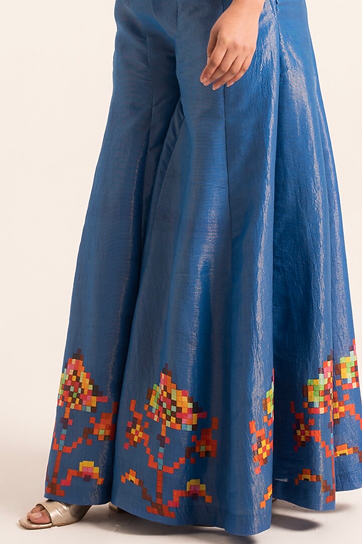 Blue Satin Printed Palazzo Pant Set by Ruhr India at Pernia's Pop Up Shop