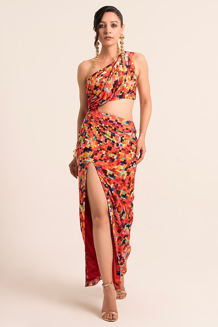 Red Dola Silk Printed One-Shoulder Dress by Ruhr India