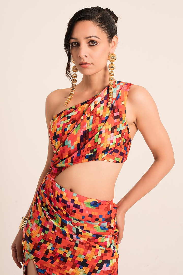 Red Dola Silk Printed One-Shoulder Vacation Dress by Ruhr India at Pernia's Pop Up Shop