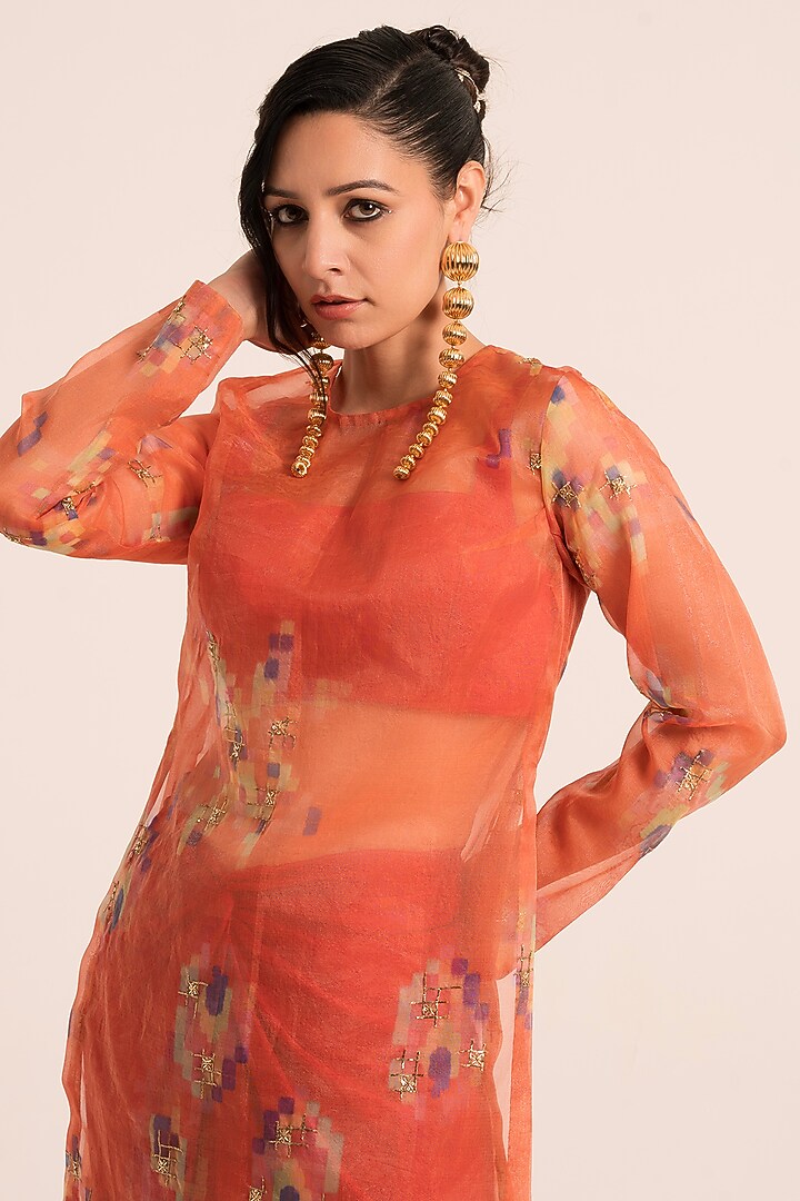 Red Organza & Tissue Moti Embroidered Kurta Set by Ruhr India at Pernia's Pop Up Shop