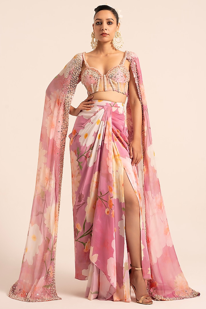 Pink Crepe Floral Printed Dhoti Skirt Set by Ruhr India