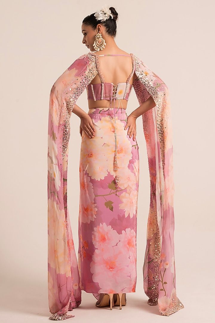 Pink Crepe Floral Printed Dhoti Skirt Set by Ruhr India at Pernia's Pop Up Shop