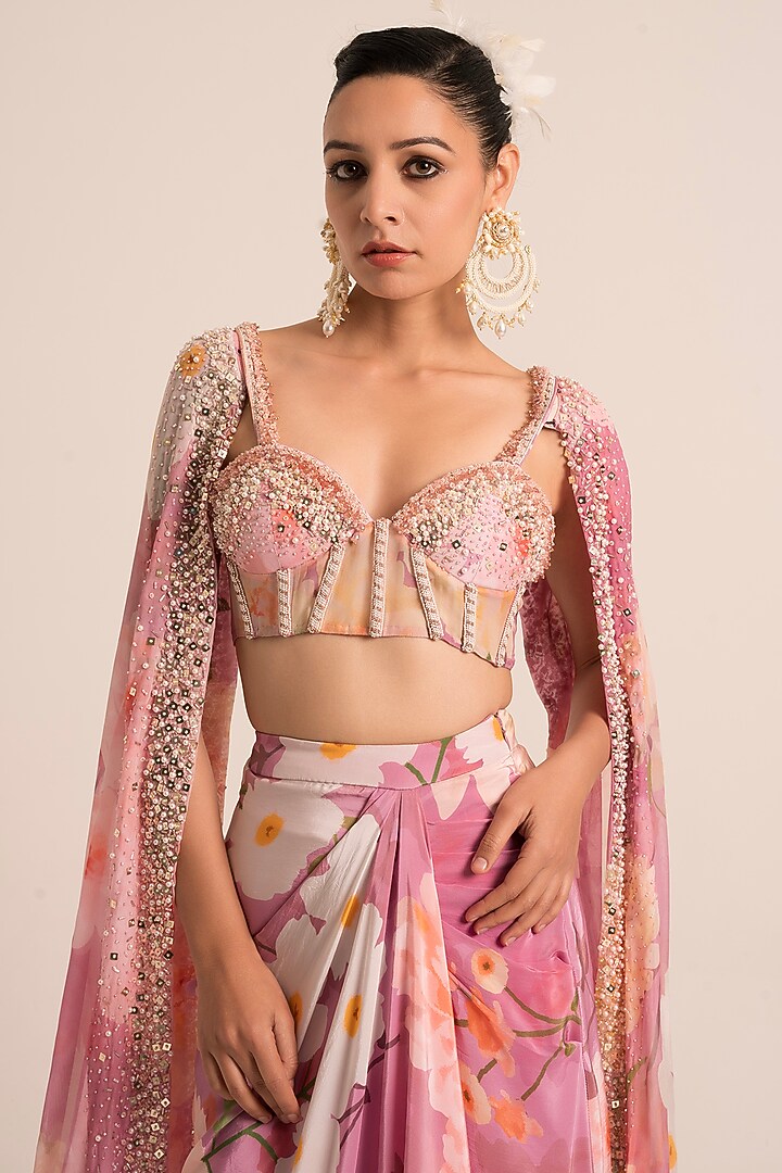 Pink Crepe Floral Printed Dhoti Skirt Set by Ruhr India at Pernia's Pop Up Shop