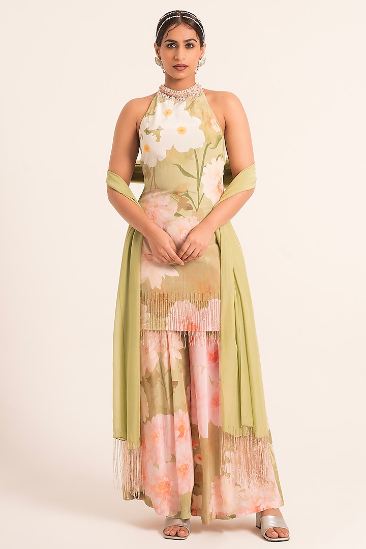 Green Crepe & Organza Pearl Embroidered Kurta Set by Ruhr India at Pernia's Pop Up Shop