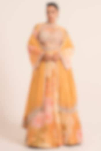 Peach Crepe Floral Printed & Embroidered Anarkali Set by Ruhr India at Pernia's Pop Up Shop