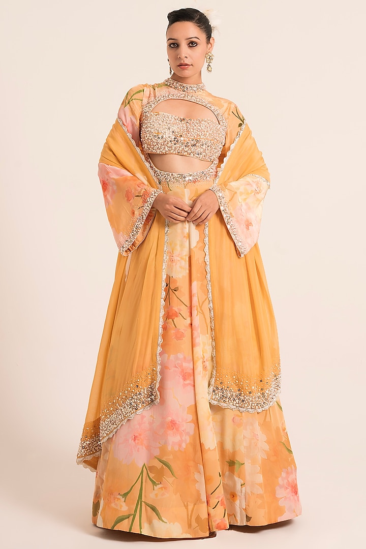 Peach Crepe Floral Printed & Embroidered Anarkali Set by Ruhr India at Pernia's Pop Up Shop