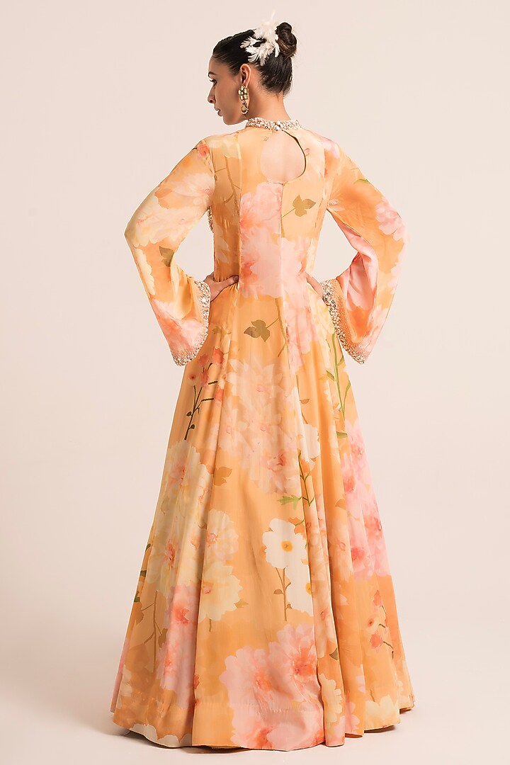 Peach Crepe Floral Printed & Embroidered Wedding Anarkali Set by Ruhr India at Pernia's Pop Up Shop