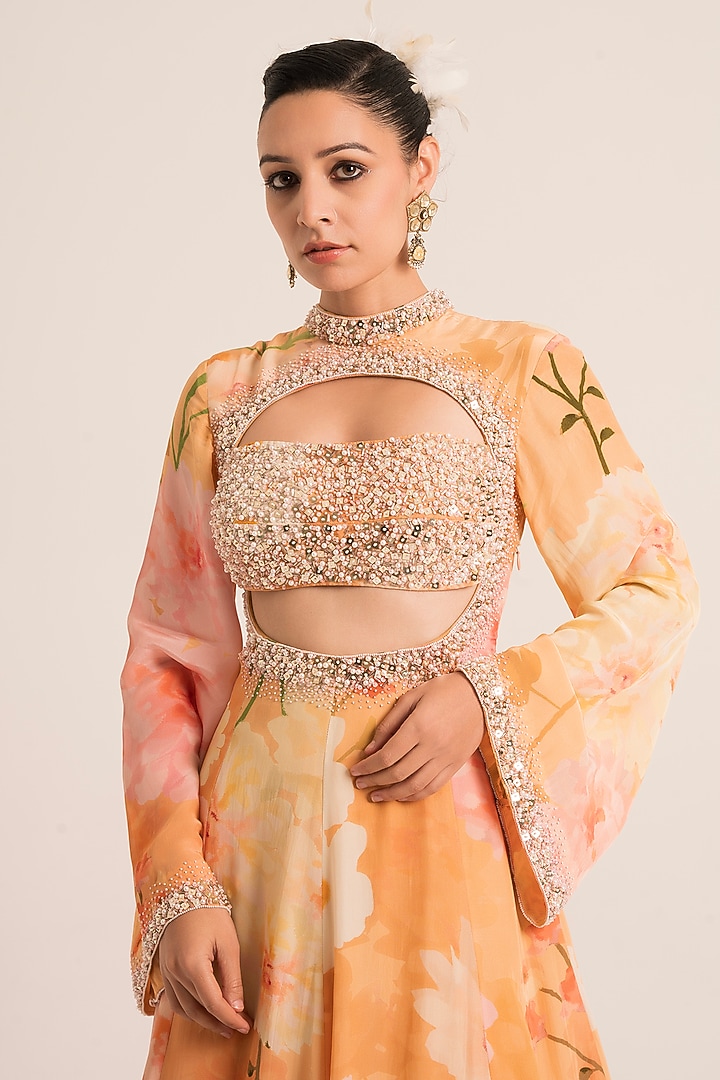 Peach Crepe Floral Printed & Embroidered Wedding Anarkali Set by Ruhr India at Pernia's Pop Up Shop