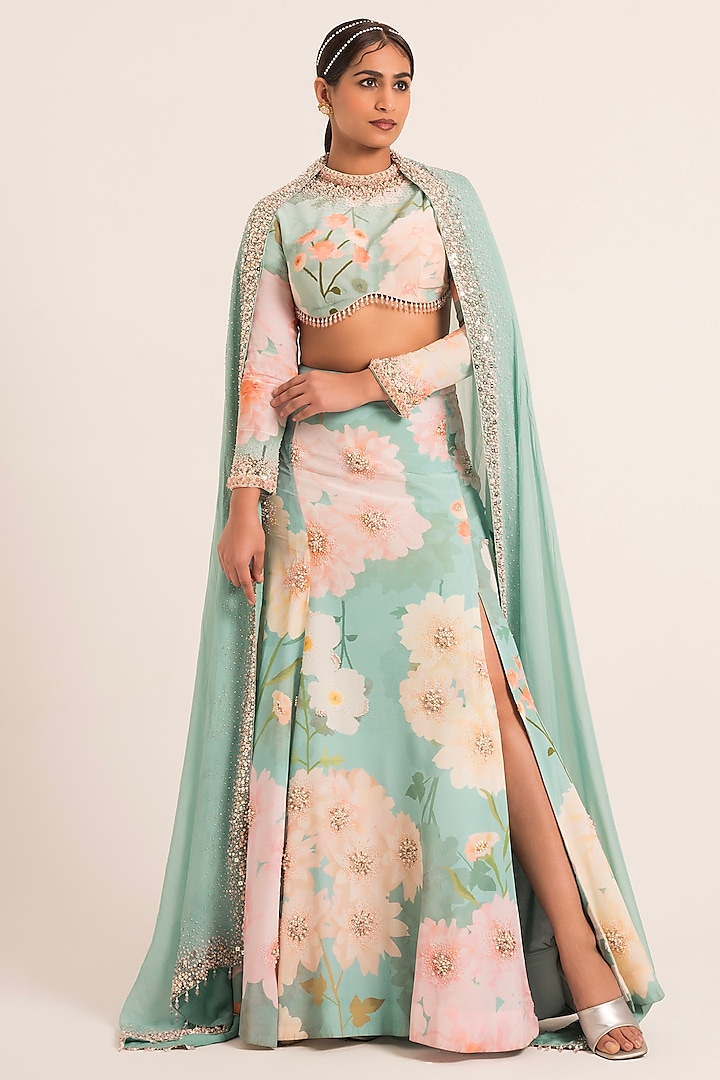 Blue Crepe Embroidered & Floral Printed Lehenga Set by Ruhr India